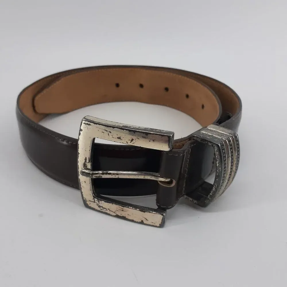 Vintage Brighton Women's Dark Brown Leather Belt Distressed Hardware Size Small